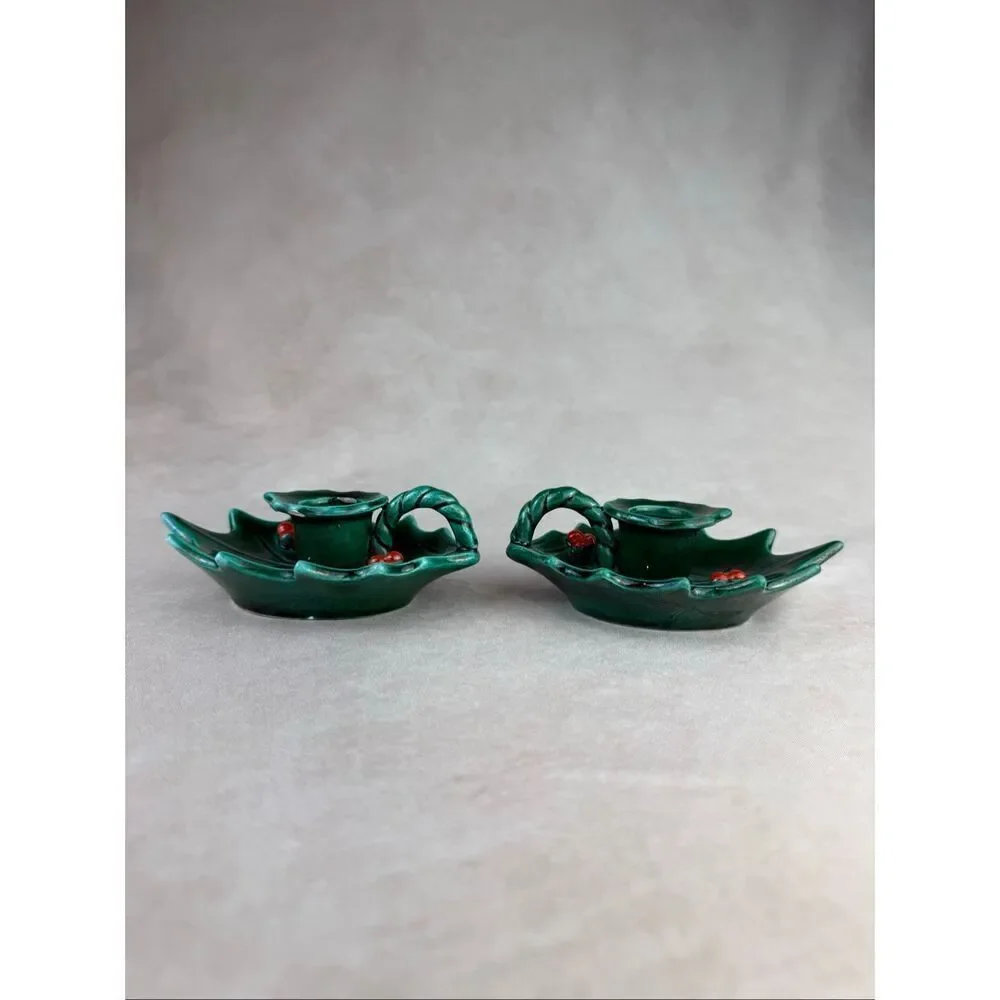 Vintage Lefton Holly Leaf Candlestick Holders READ